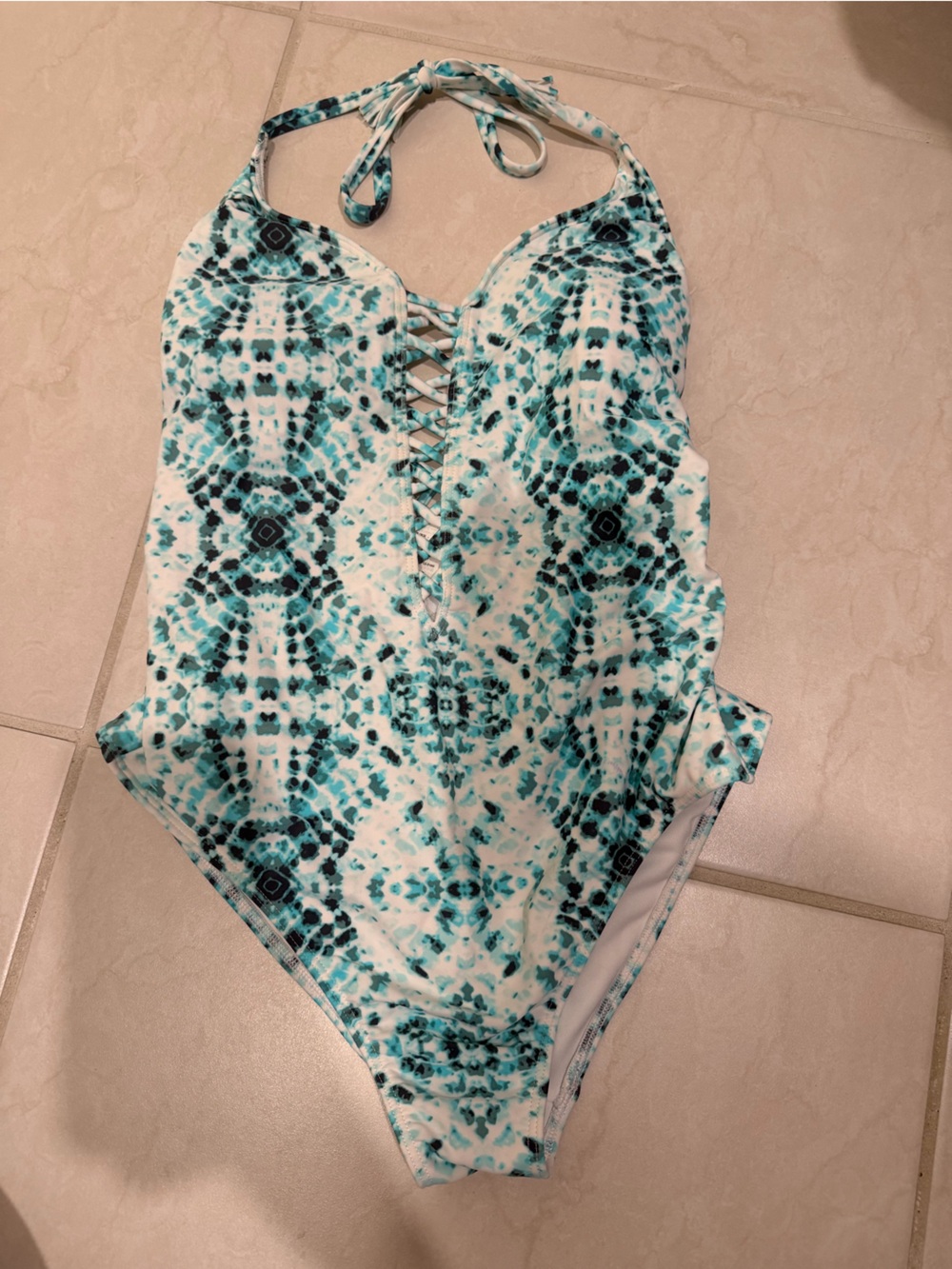Hollister Teal and White Tie-Dye Lace-Up Halter Camisole
